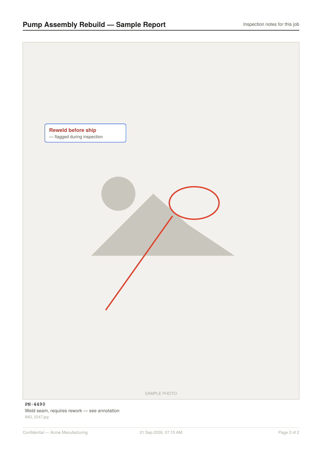 Sample photo page with a circle and arrow annotation plus a floating text note