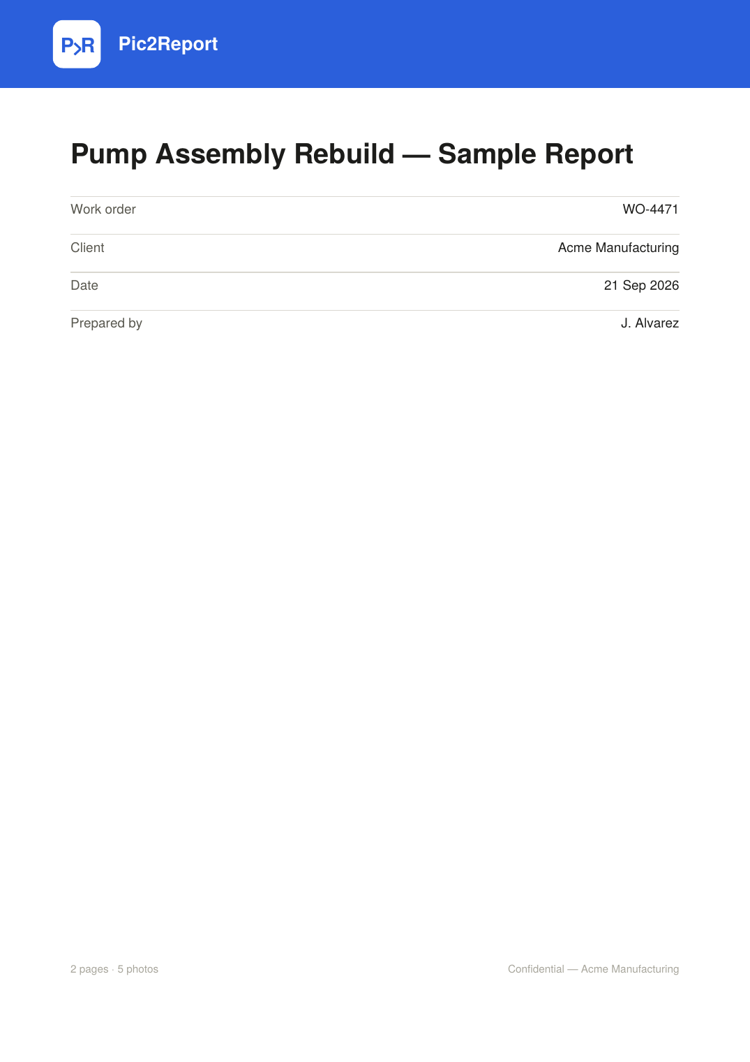 Sample cover page with job title, work order, client, date, and prepared-by fields