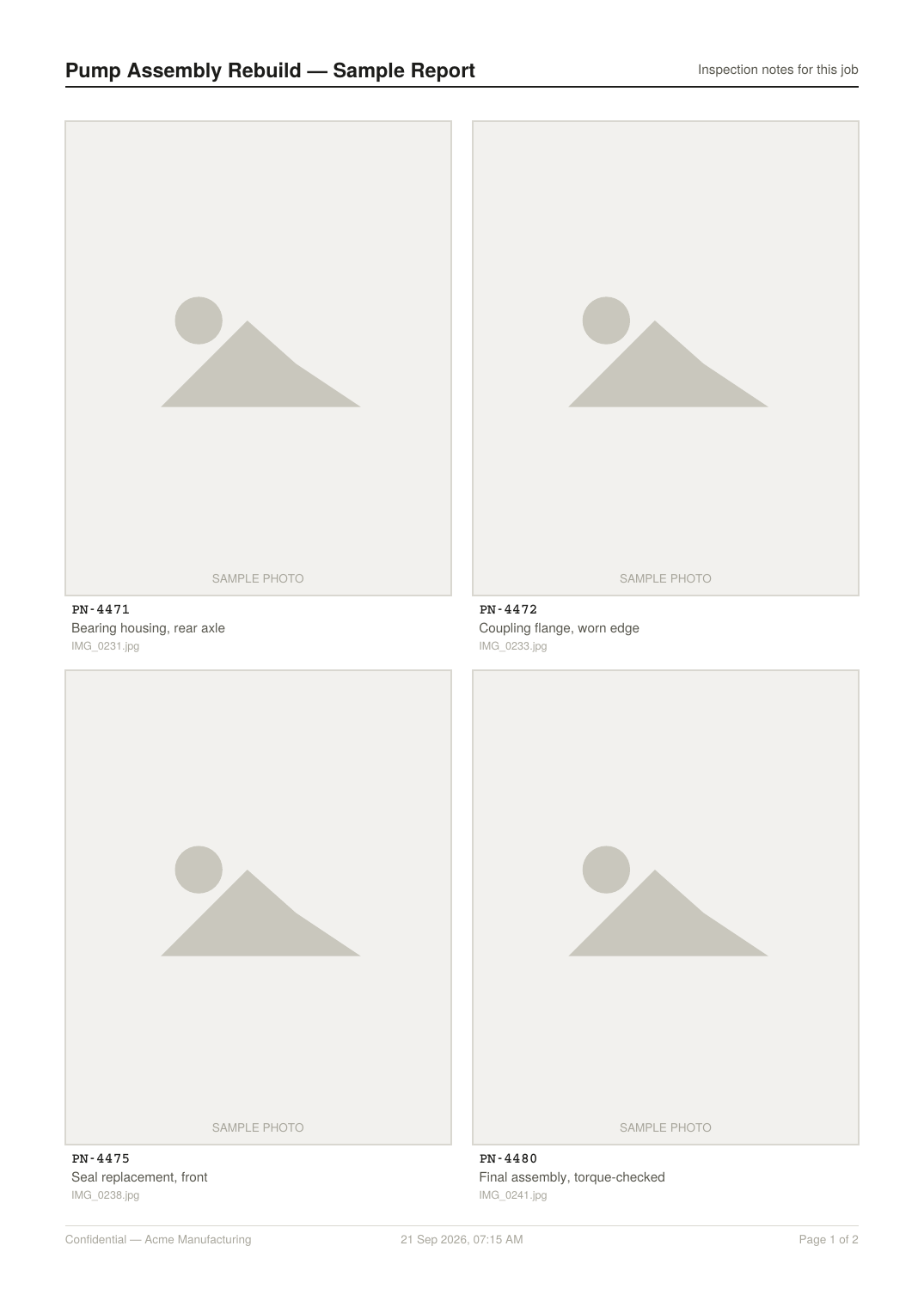 Sample photo page with a 2x2 grid of captioned photos